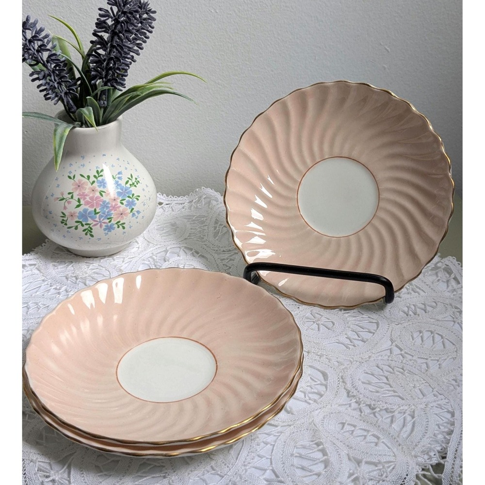 Set of 3 Aynsley Bone China Dessert Plates Pink Swirl Gold Trim England